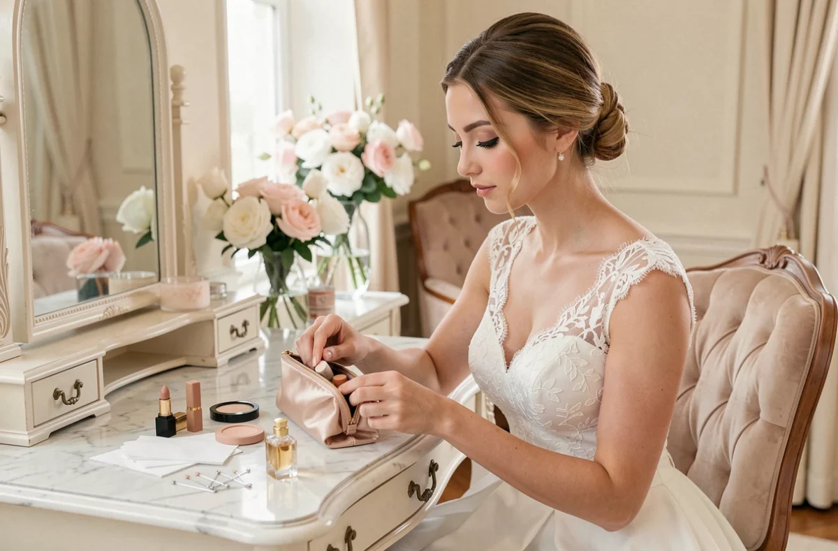 Mariée en robe blanche préparant sa trousse de secours beauté avec rouge à lèvres, poudre compacte et épingles de sûreté sur une coiffeuse en marbre le jour J