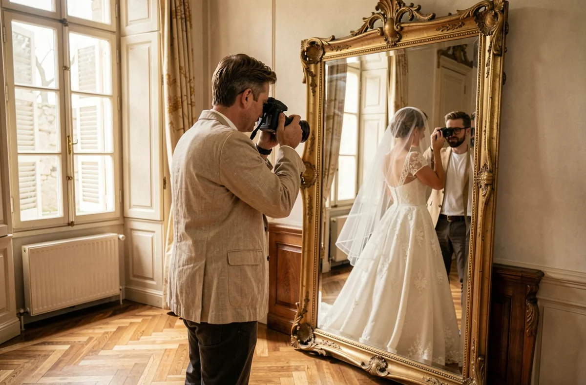 Laurent Vrevin, photographe de mariage, travaillant dans un manoir historique du Calvados