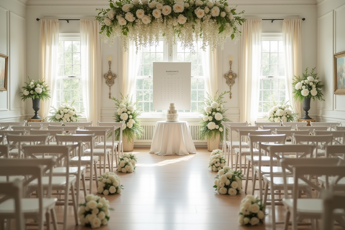 Lieu de mariage decoré avec fleurs et calendrier marqué