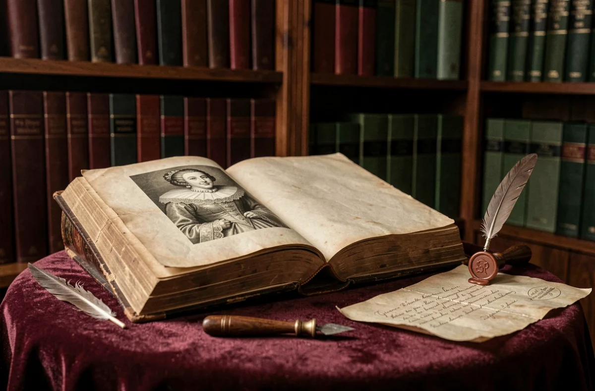 Livre ancien ouvert sur une illustration gravée de Marie-Thérèse d'Autriche, épouse de Louis XIV, posé sur un bureau de bibliothèque historique