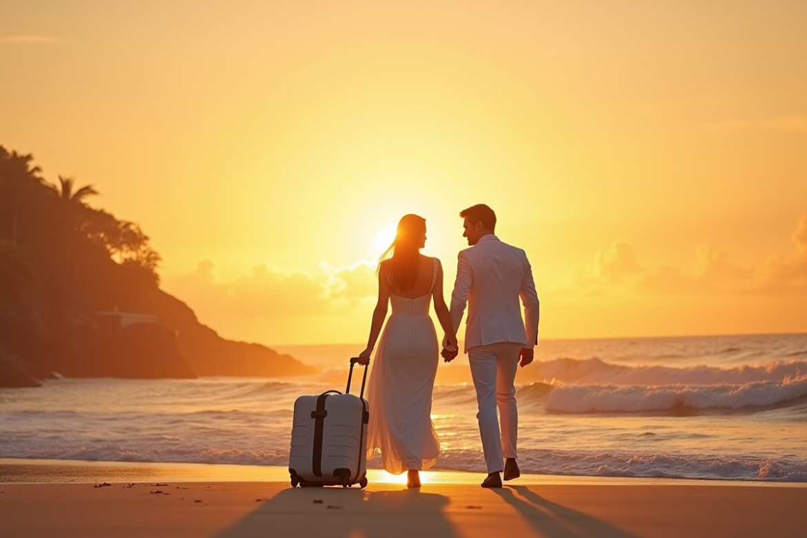 Couple marié main dans la main sur une plage tropicale au coucher du soleil