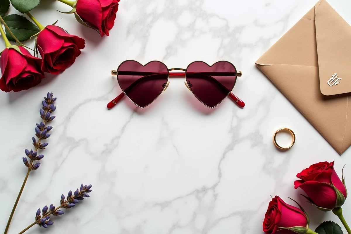 Flat lay mariage avec lunettes cœur bordeaux sur marbre blanc entourées d'accessoires dorés et de roses séchées