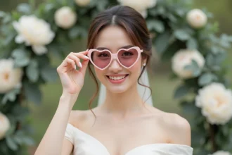 Mariée tenant des lunettes cœur roses devant un décor de mariage floral blanc et vert
