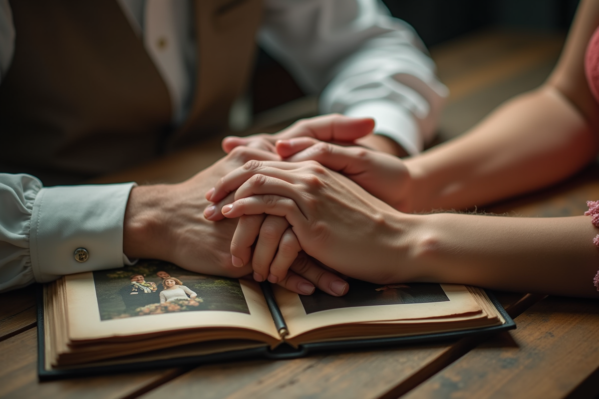 Mains entrelacées avec album de mariage ancien