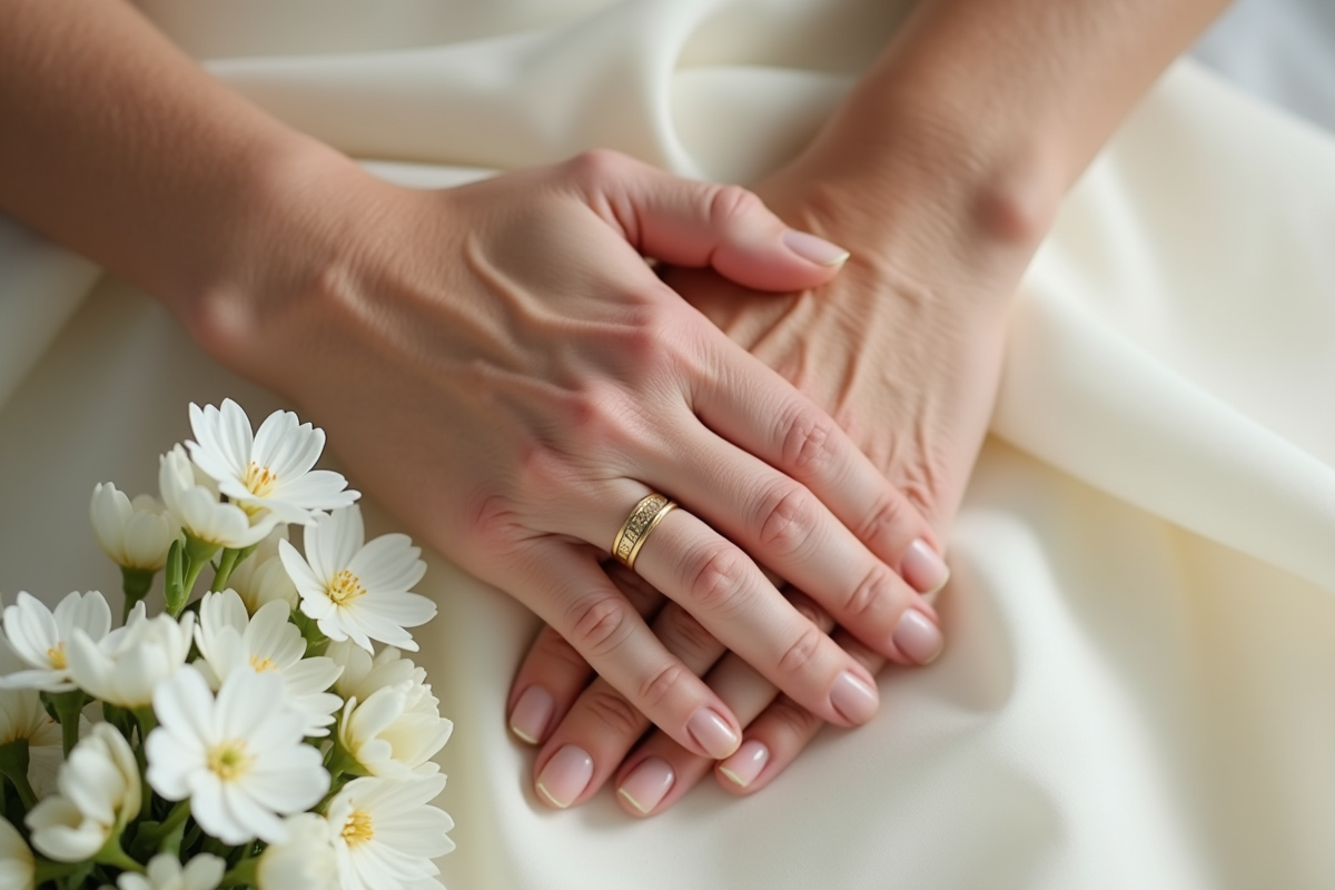 Mains d un couple mature avec alliances sur tissu ivoire et fleurs blanches