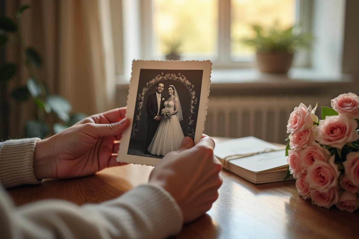 Mains ridées tenant une photo de mariage vintage