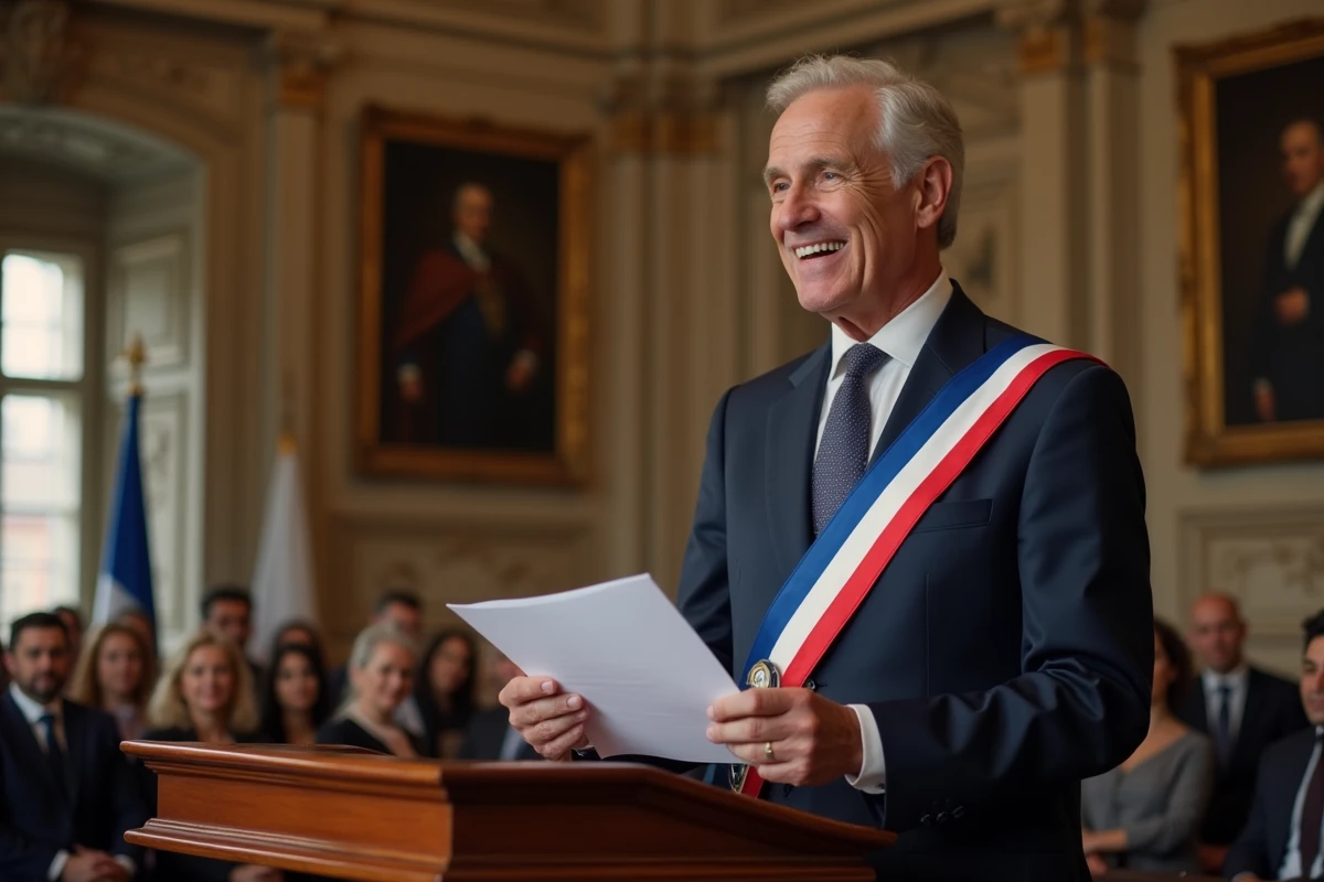 Maire portant l'écharpe tricolore prononçant un discours de mariage derrière un pupitre dans une salle des mariages de mairie