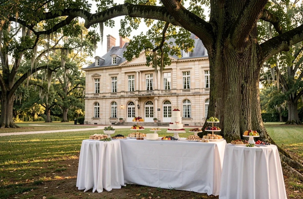 Table de desserts de mariage dressée sous un chêne centenaire dans le parc du Manoir de l'Étenduère