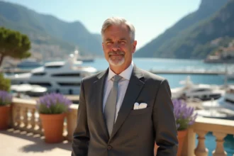 Homme élégant en costume gris sur une terrasse de Monaco lors d'un mariage discret avec vue sur le port