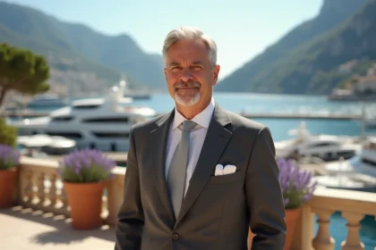 Homme élégant en costume gris sur une terrasse de Monaco lors d'un mariage discret avec vue sur le port