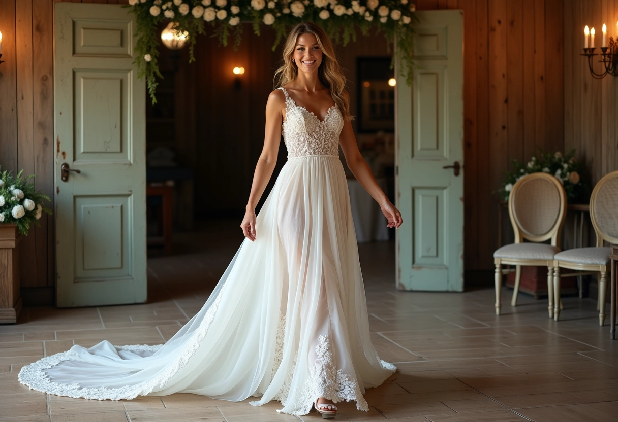 Mariée en robe longue dans une grange rustique pour un mariage bohème