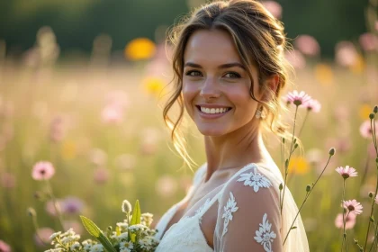 Mariée souriante dans une prairie ensoleillée pour un mariage bohème