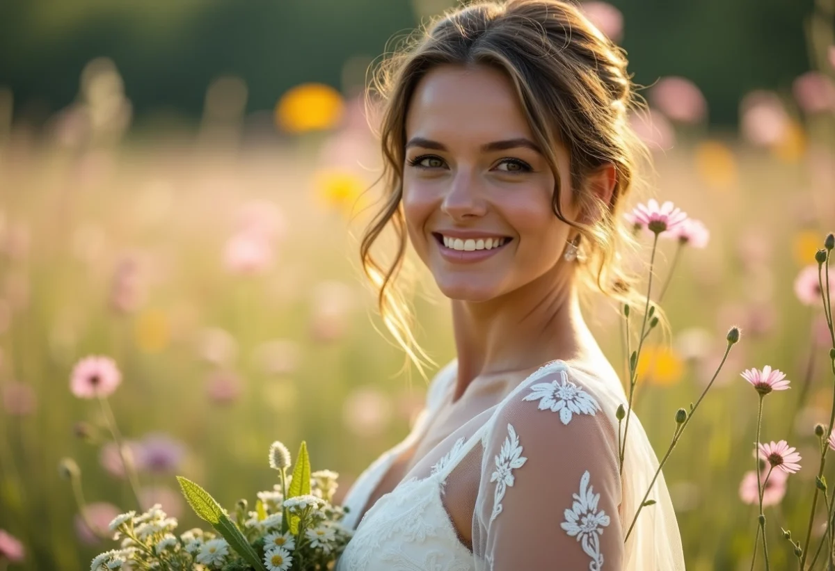 Mariée souriante dans une prairie ensoleillée pour un mariage bohème