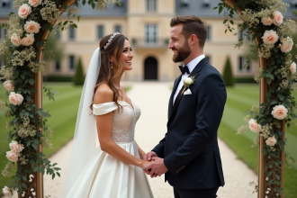 Mariage élégant avec mariée et marié dans un jardin