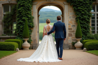 Jeune couple de mariés devant le château de Gillette