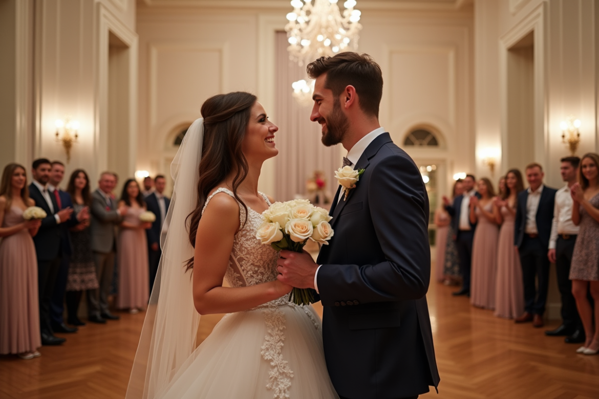 Jeune couple de mariage regardant un spectacle de cirque lors de la réception
