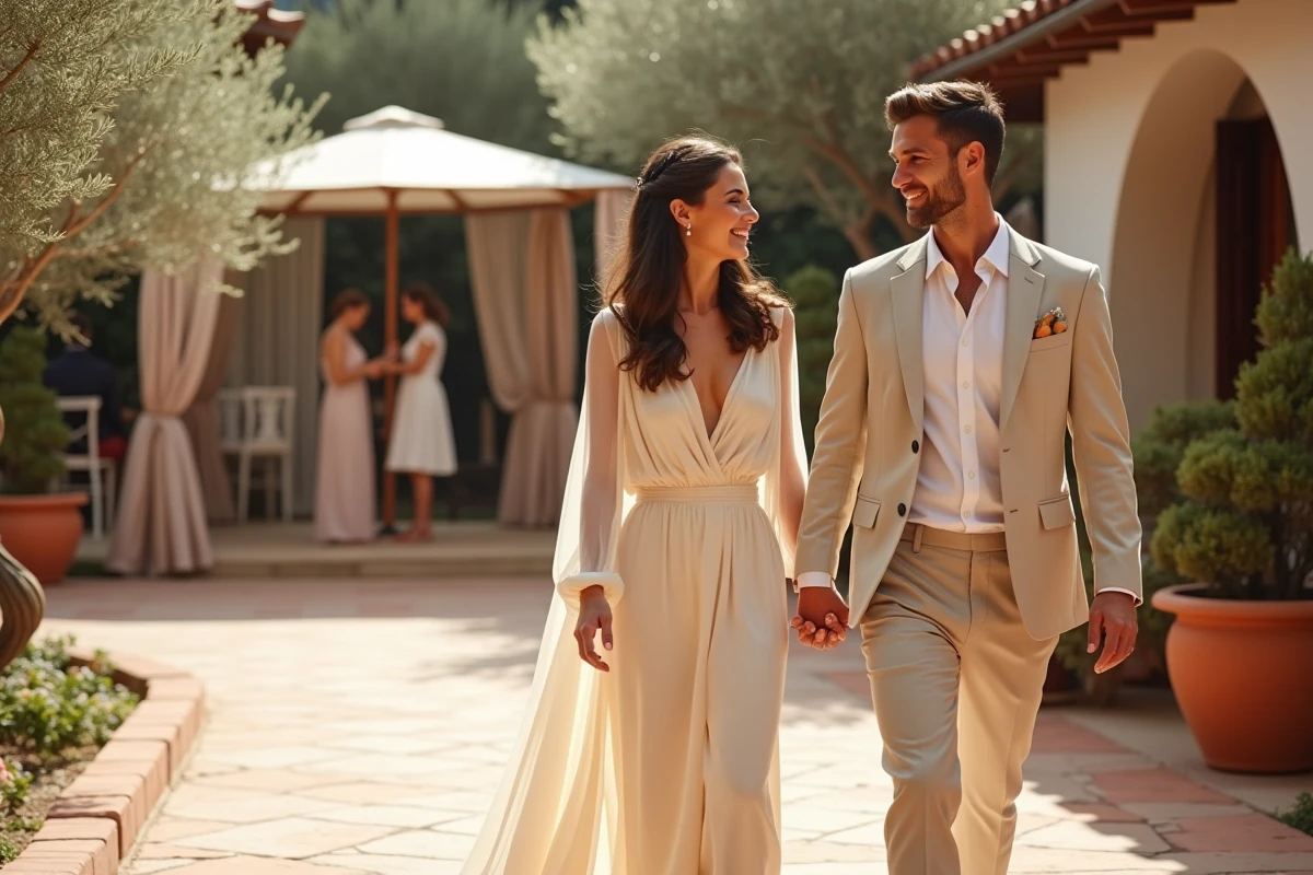 Couple marié marche main dans la main dans une cour ensoleillée