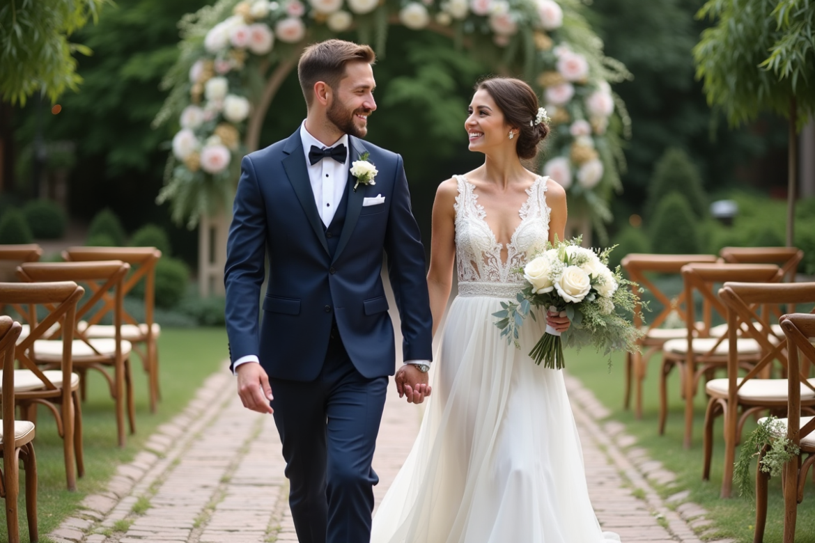 Jeune couple de mariés souriant lors d'une cérémonie en extérieur