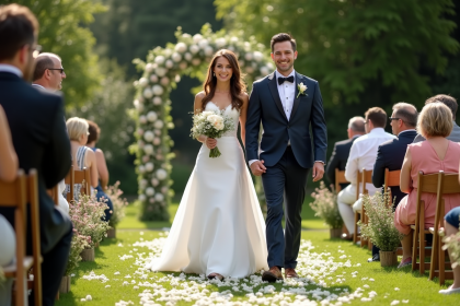 Couple de mariés dans un jardin lors de leur mariage