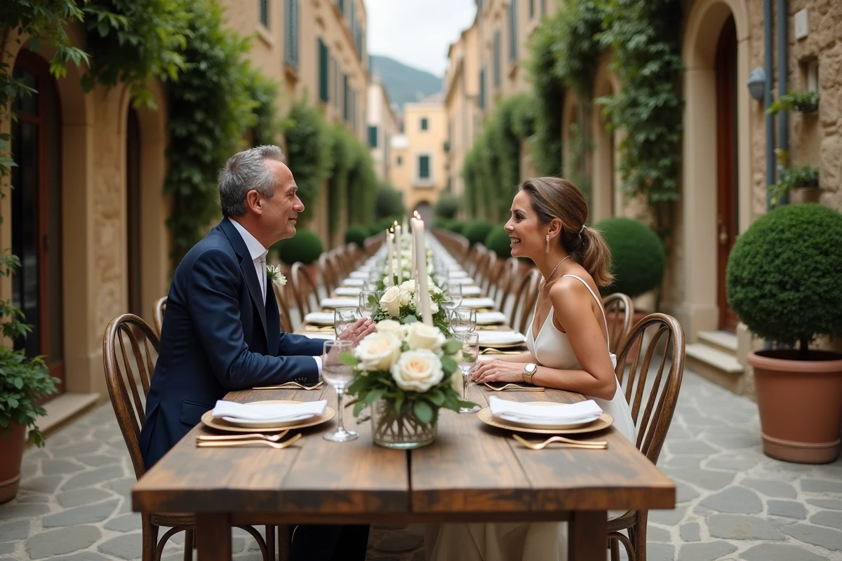 Réception de mariage intime à Monaco avec couple élégant attablé dans une cour en pierre fleurie