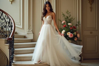 Femme en robe de mariée ajustant ses talons blancs dans un escalier ancien