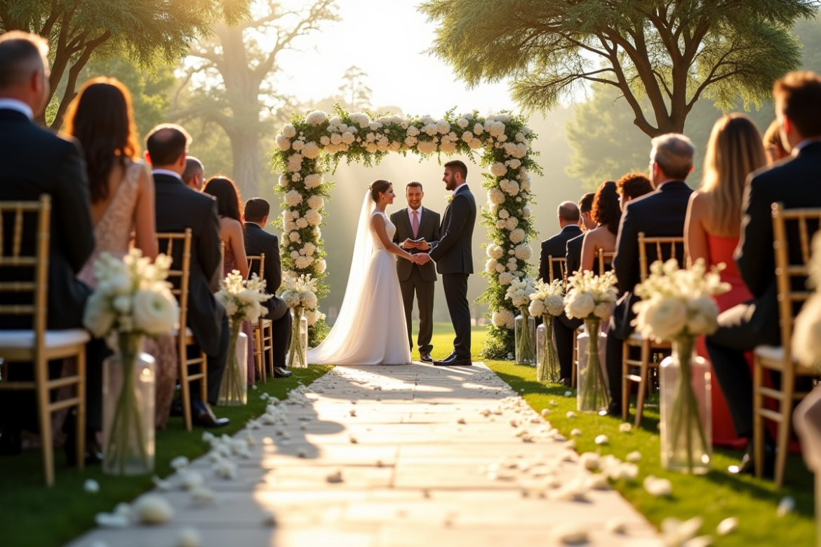 Cérémonie de mariage en plein air avec décoration florale et invités élégants