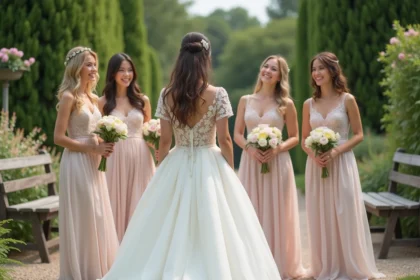 Jeune mariée avec demoiselles dans un jardin fleuri