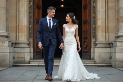 Couple marié devant la mairie en France