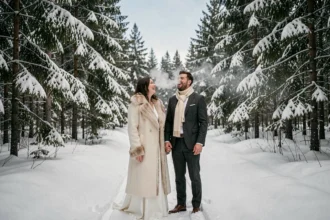 Couple de mariés dans une forêt enneigée nordique en hiver, ambiance romantique et naturelle