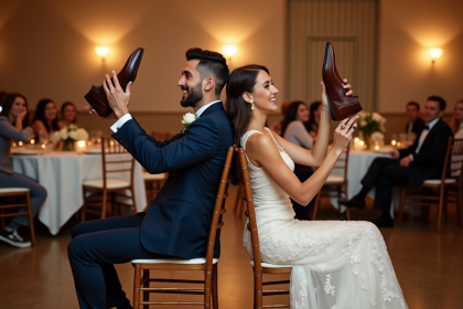Jeune couple marié lors du jeu de chaussures en intérieur