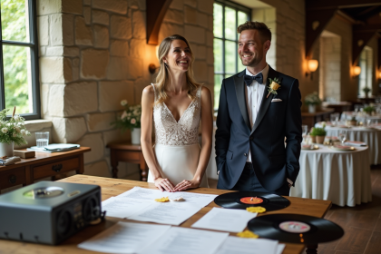 Jeune couple marié riant lors d'une réception élégante