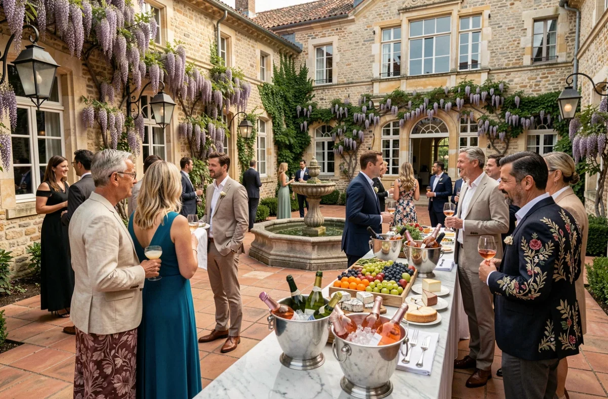 Cocktail de mariage de luxe dans la cour d'un château du Var avec buffet provençal, rosé local et décor en pierre historique