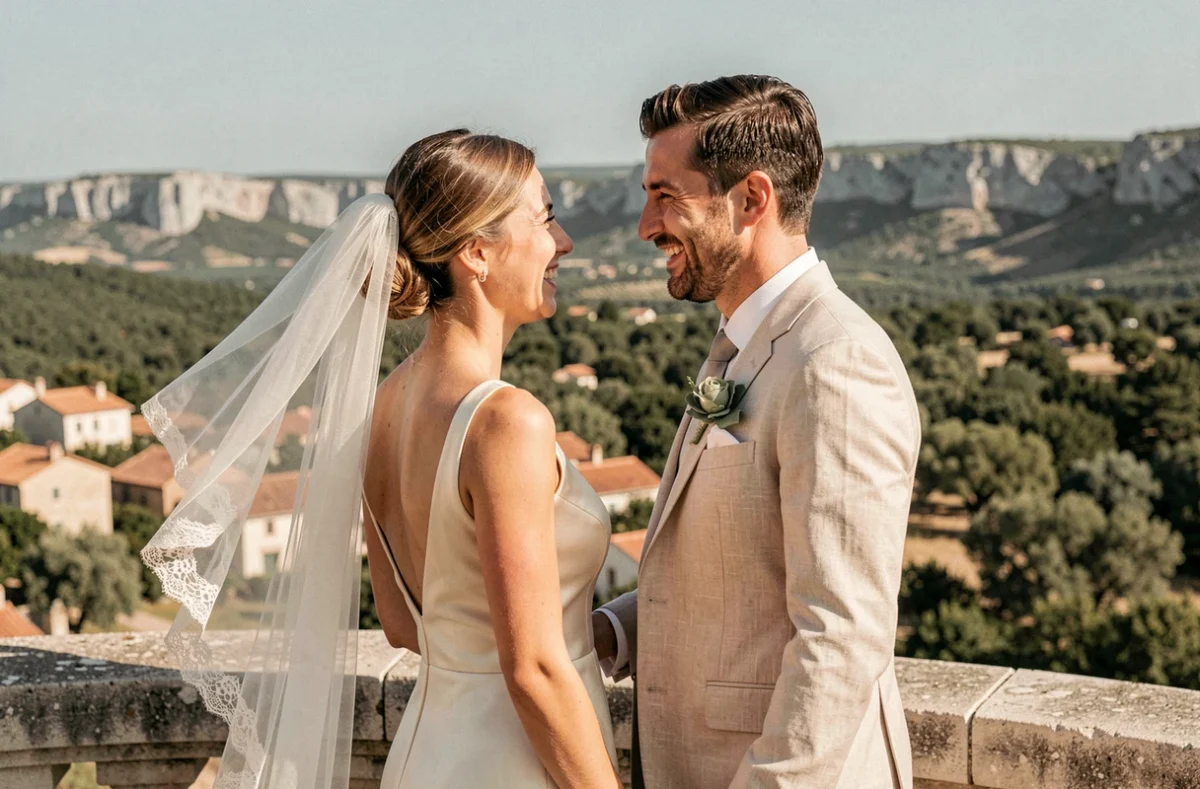 Couple de mariés en tenue de luxe sur une terrasse en pierre avec panorama sur les paysages du Var en Provence