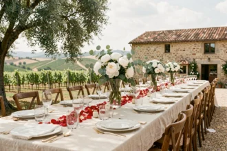 Décoration de table de mariage de luxe dans un mas provençal du Var avec vaisselle dorée, pivoines blanches et vue sur les vignes