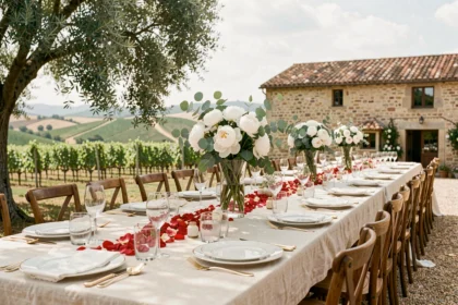 Décoration de table de mariage de luxe dans un mas provençal du Var avec vaisselle dorée, pivoines blanches et vue sur les vignes