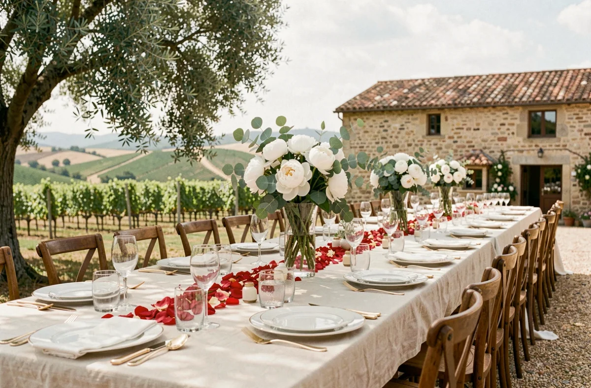 Décoration de table de mariage de luxe dans un mas provençal du Var avec vaisselle dorée, pivoines blanches et vue sur les vignes