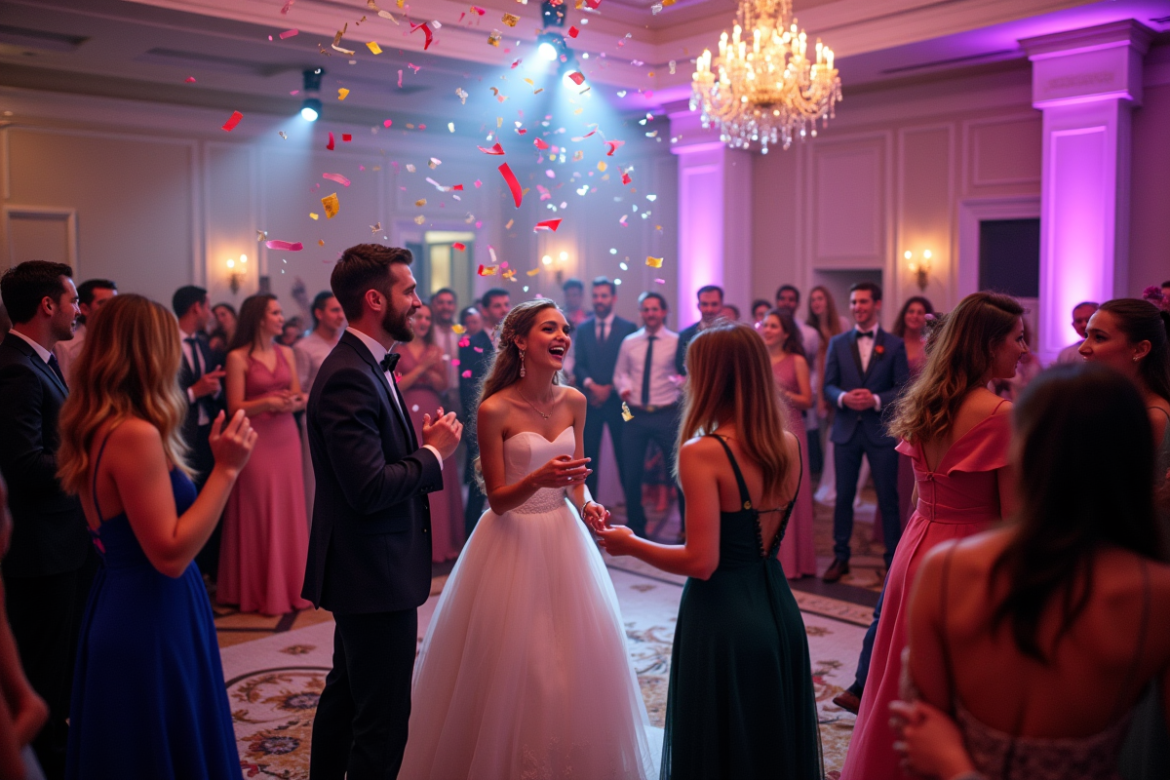 Réception de mariage animée avec photo 360 et confettis