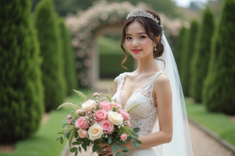 Jeune femme en robe de mariée avec bouquet de fleurs