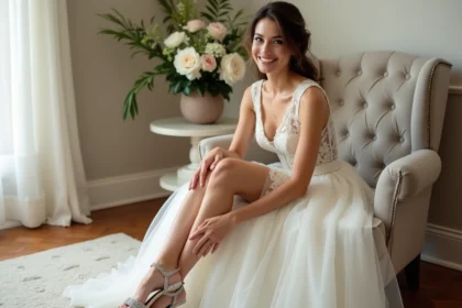 Jeune femme en robe de mariée ivoire ajustant ses sandales élégantes