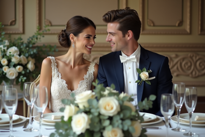 Jeune couple de mariés souriants à la table de mariage