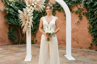 Mariée portant une combinaison blanche en satin à jambes larges dans une cour méditerranéenne décorée de pampa et de roses blanches