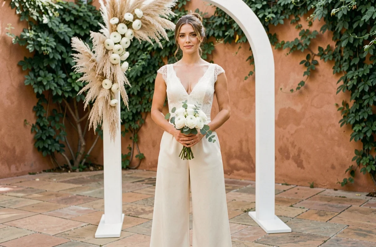 Mariée portant une combinaison blanche en satin à jambes larges dans une cour méditerranéenne décorée de pampa et de roses blanches