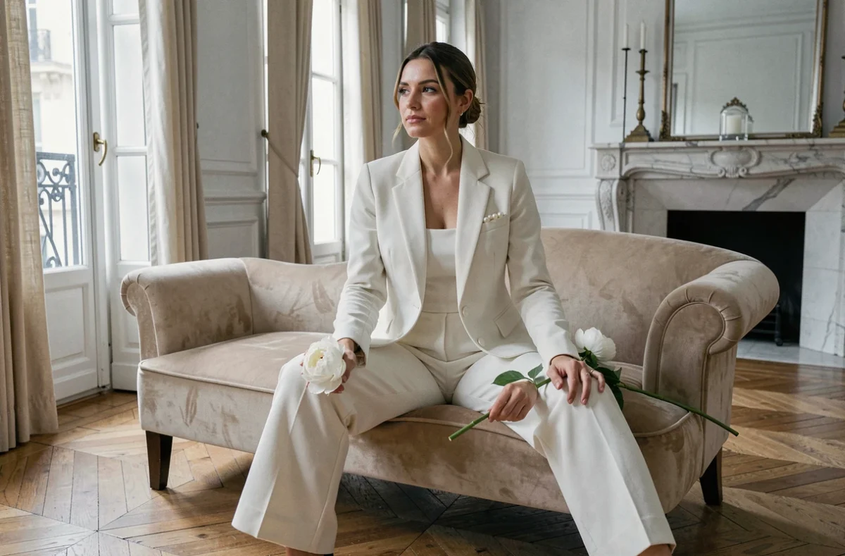 Femme en combinaison de mariée à pantalon large et col blazer dans un appartement parisien haussmannien au décor raffiné