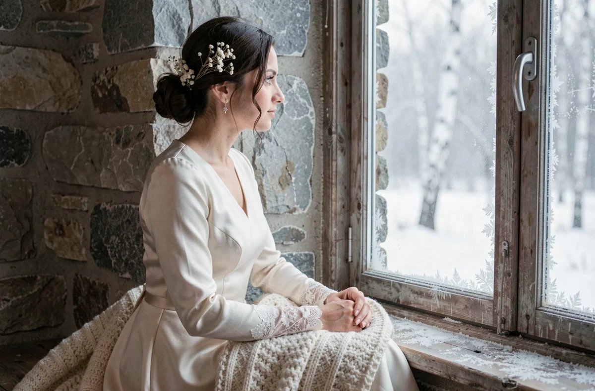 Mariée contemplative près d'une fenêtre givrée dans un chalet scandinave en hiver