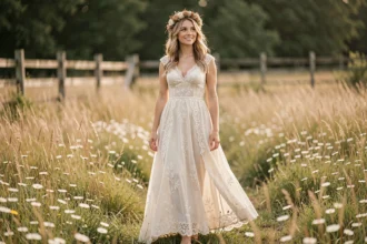Mariée en robe blanche bohème en dentelle debout dans une prairie de fleurs sauvages pour un mariage champêtre naturel
