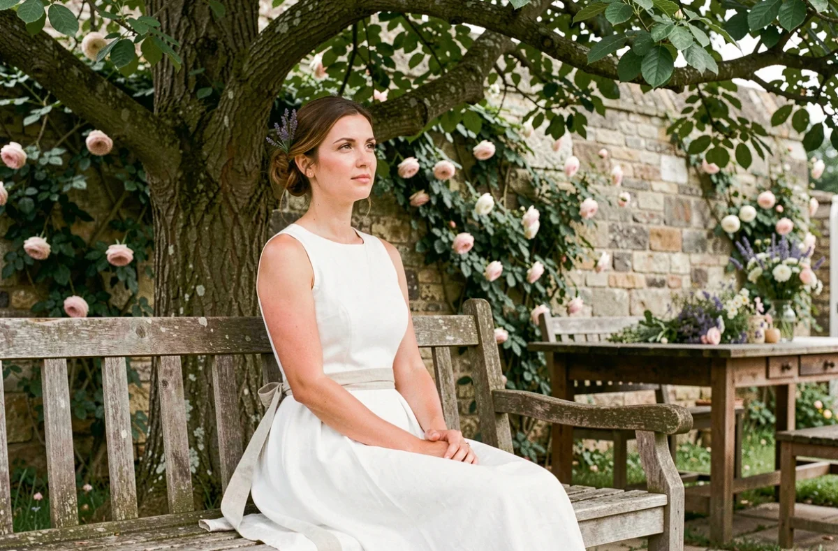 Mariée en robe blanche en coton assise sur un banc rustique dans un jardin champêtre avec mur en pierre et roses grimpantes