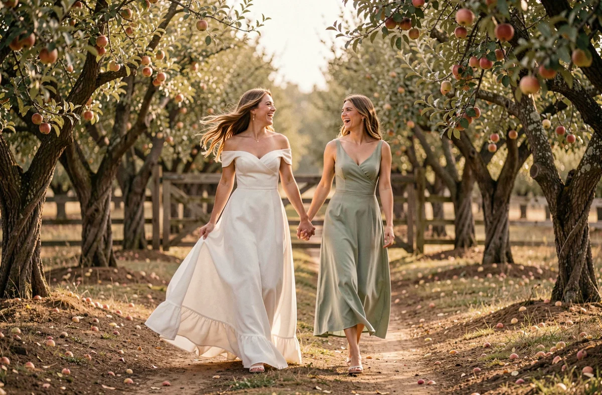 Mariée en robe blanche en mousseline marchant avec sa demoiselle d'honneur dans un verger champêtre lors d'un mariage naturel