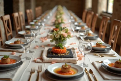 Table de mariage élégante avec un menu dégustation en trois services dans un château français rustique