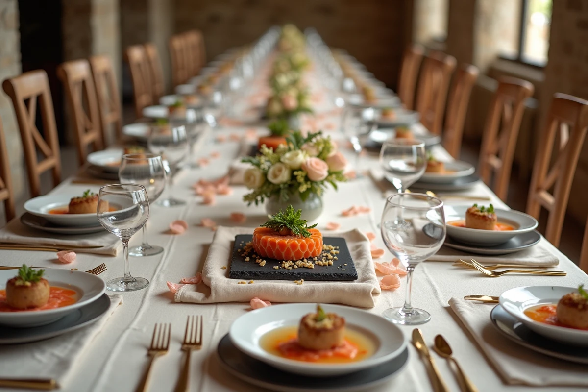 Table de mariage élégante avec un menu dégustation en trois services dans un château français rustique
