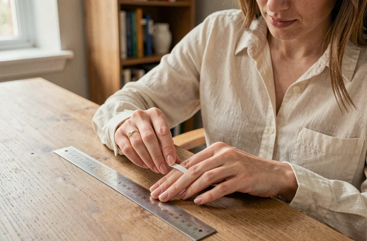 Femme mesurant la taille de son doigt avec une règle et une bandelette de papier pour trouver son équivalence de taille de bague